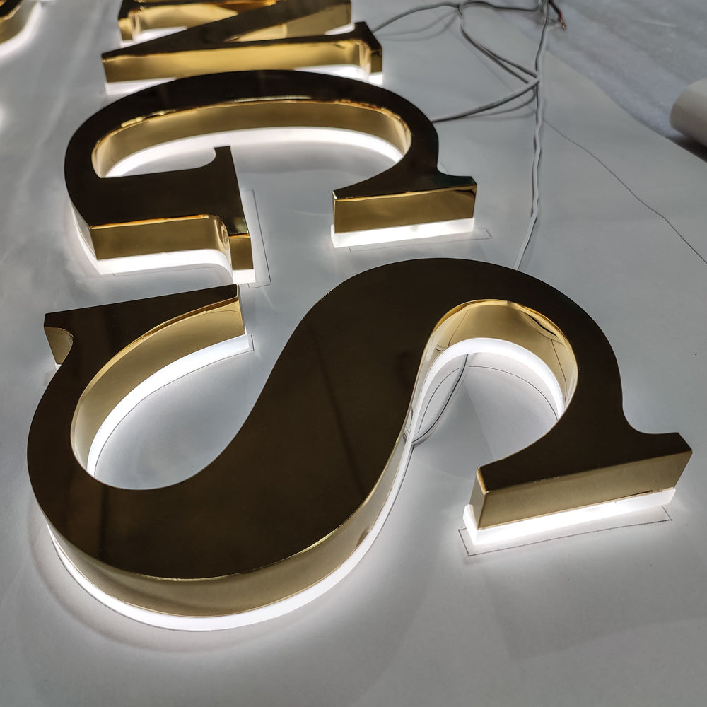 Reverse Light Channel Letters Stainless Steel 3D Letter Sign Building Name Lobby Sign